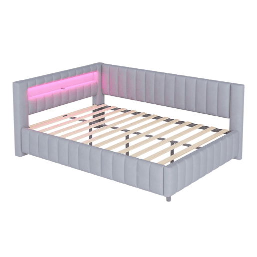 Sofá-cama 140x200 - Polsterbett com luz LED, porta USB, encosto e cabeceira - Cinza