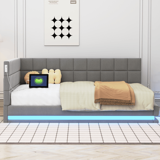 Sofá-cama 140*200 - Multifuncional com faixa LED, tomada USB e estrado de latão - Cinza