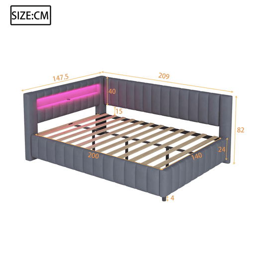 Sofá-cama estofado 140x200 cm - Com luz LED, porta USB, encosto e cabeceira, estrutura resistente - Cinza