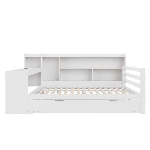 Sofá-cama 140 x 200 cm - Com secretária, prateleiras, compartimentos, tomadas e cama extraível - Branco Sofá-cama 140 x 200 cm - Com secretária, prateleiras, compartimentos, tomadas e cama extraível - Branco