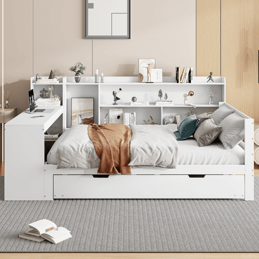 Sofá-cama 140 x 200 cm - Com secretária, prateleiras, compartimentos, tomadas e cama extraível - Branco Sofá-cama 140 x 200 cm - Com secretária, prateleiras, compartimentos, tomadas e cama extraível - Branco