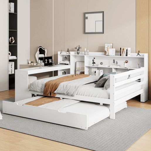 Sofá-cama 140 x 200 cm - Com secretária, prateleiras, compartimentos, tomadas e cama extraível - Branco Sofá-cama 140 x 200 cm - Com secretária, prateleiras, compartimentos, tomadas e cama extraível - Branco