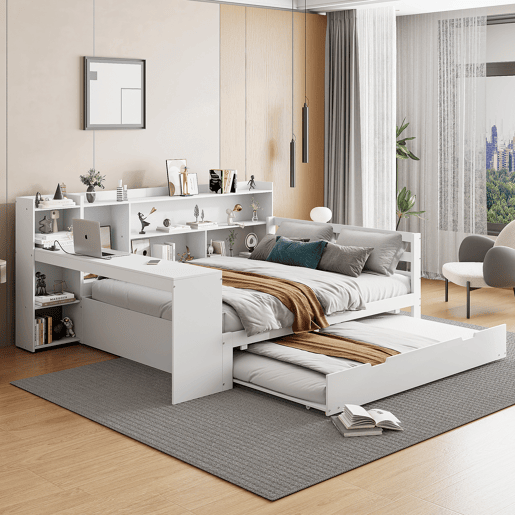 Sofá-cama 140 x 200 cm - Com secretária, prateleiras, compartimentos, tomadas e cama extraível - Branco Sofá-cama 140 x 200 cm - Com secretária, prateleiras, compartimentos, tomadas e cama extraível - Branco