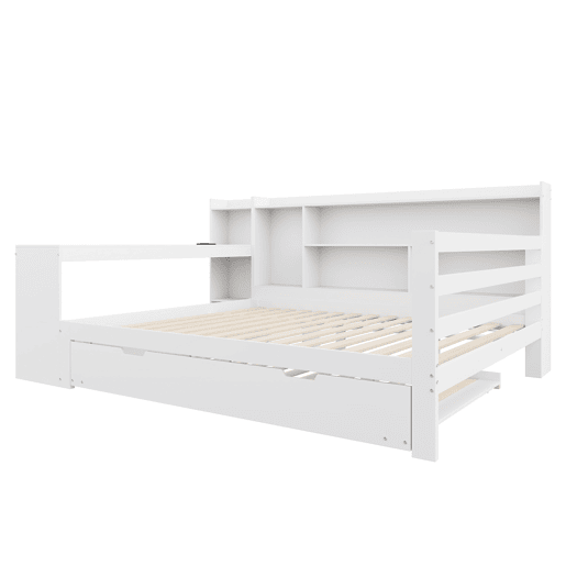 Sofá-cama 140 x 200 cm - Com secretária, prateleiras, compartimentos, tomadas e cama extraível - Branco Sofá-cama 140 x 200 cm - Com secretária, prateleiras, compartimentos, tomadas e cama extraível - Branco