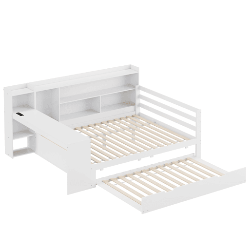 Sofá-cama 140 x 200 cm - Com secretária, prateleiras, compartimentos, tomadas e cama extraível - Branco Sofá-cama 140 x 200 cm - Com secretária, prateleiras, compartimentos, tomadas e cama extraível - Branco