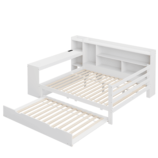 Sofá-cama 140 x 200 cm - Com secretária, prateleiras, compartimentos, tomadas e cama extraível - Branco Sofá-cama 140 x 200 cm - Com secretária, prateleiras, compartimentos, tomadas e cama extraível - Branco