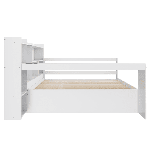 Sofá-cama 140 x 200 cm - Com secretária, prateleiras, compartimentos, tomadas e cama extraível - Branco Sofá-cama 140 x 200 cm - Com secretária, prateleiras, compartimentos, tomadas e cama extraível - Branco