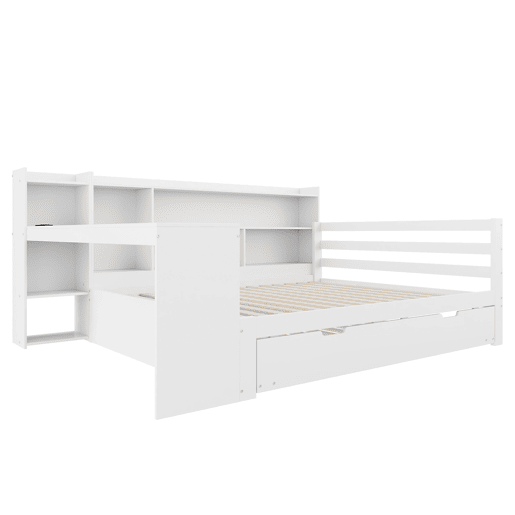 Sofá-cama 140 x 200 cm - Com secretária, prateleiras, compartimentos, tomadas e cama extraível - Branco Sofá-cama 140 x 200 cm - Com secretária, prateleiras, compartimentos, tomadas e cama extraível - Branco