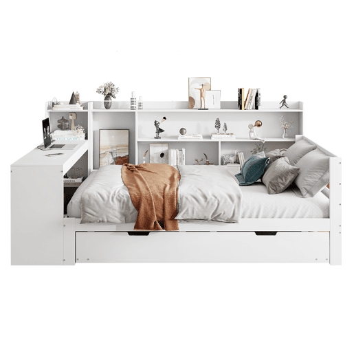Sofá-cama 140 x 200 cm - Com secretária, prateleiras, compartimentos, tomadas e cama extraível - Branco Sofá-cama 140 x 200 cm - Com secretária, prateleiras, compartimentos, tomadas e cama extraível - Branco