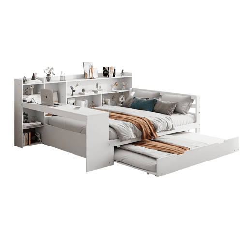 Sofá-cama 140 x 200 cm - Com secretária, prateleiras, compartimentos, tomadas e cama extraível - Branco Sofá-cama 140 x 200 cm - Com secretária, prateleiras, compartimentos, tomadas e cama extraível - Branco