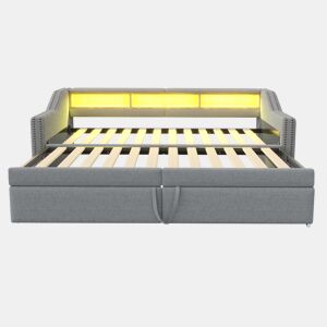 Cama ninho 90180 x 200 cm - Sofá-cama extensível, com arrumação, luz LED e porta USB, com estrado - Cinza claro