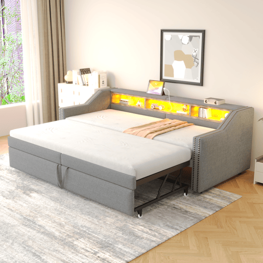 Cama ninho 90180 x 200 cm - Sofá-cama extensível, com arrumação, luz LED e porta USB, com estrado - Cinza claro