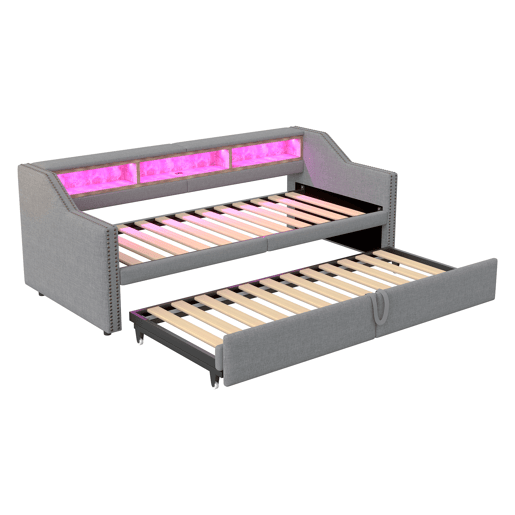 Cama ninho 90180 x 200 cm - Sofá-cama extensível, com arrumação, luz LED e porta USB, com estrado - Cinza claro