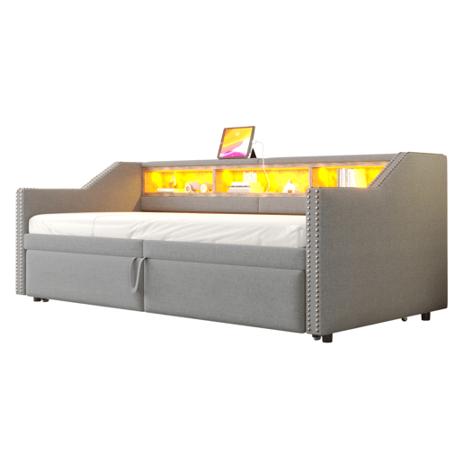 Cama ninho 90180 x 200 cm - Sofá-cama extensível, com arrumação, luz LED e porta USB, com estrado - Cinza claro