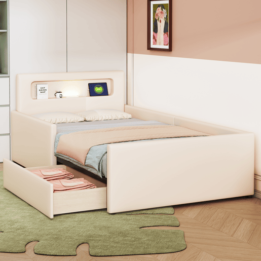 Cama infantil 90x200 cm - Com luz noturna, porta USB, com compartimentos de arrumação, laterais elevadas para segurança, cama simples, para meninos e meninas, estofada em imitação de couro - Bege