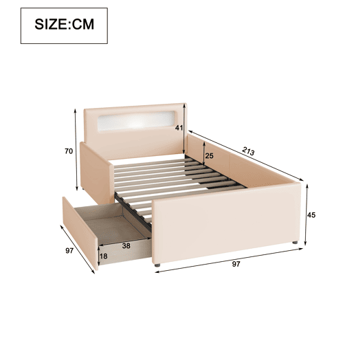 Cama infantil 90x200 cm - Com luz noturna, porta USB, com compartimentos de arrumação, laterais elevadas para segurança, cama simples, para meninos e meninas, estofada em imitação de couro - Bege
