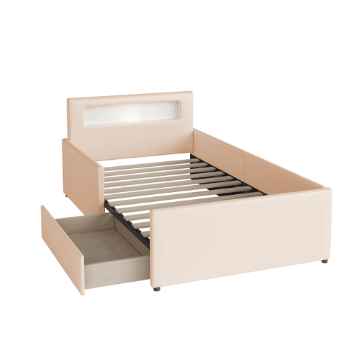 Cama infantil 90x200 cm - Com luz noturna, porta USB, com compartimentos de arrumação, laterais elevadas para segurança, cama simples, para meninos e meninas, estofada em imitação de couro - Bege