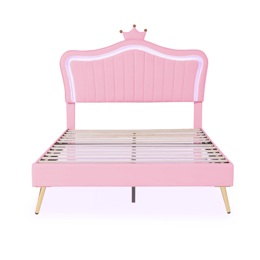 Cama infantil 140 x 200 cm - Estrutura com coroas cor-de-rosa, LED, cabeceira e estrado - Cor-de-rosa