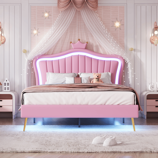 Cama infantil 140 x 200 cm - Estrutura com coroas cor-de-rosa, LED, cabeceira e estrado - Cor-de-rosa