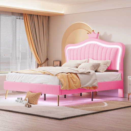Cama infantil 140 x 200 cm - Estrutura com coroas cor-de-rosa, LED, cabeceira e estrado - Cor-de-rosa