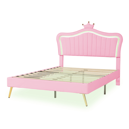 Cama infantil 140 x 200 cm - Estrutura com coroas cor-de-rosa, LED, cabeceira e estrado - Cor-de-rosa