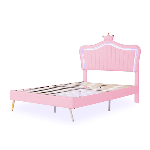 Cama infantil 140 x 200 cm - Estrutura com coroas cor-de-rosa, LED, cabeceira e estrado - Cor-de-rosa