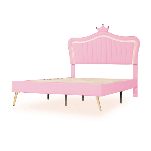 Cama infantil 140 x 200 cm - Estrutura com coroas cor-de-rosa, LED, cabeceira e estrado - Cor-de-rosa
