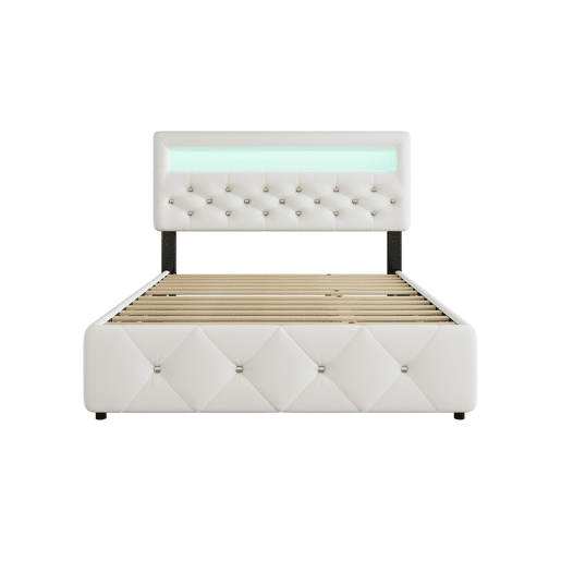Cama estofada 140x200cm (90x190cm) - Cama de casal, cama com plataforma, com gaveta e 2 gavetas, mesa de cabeceira com luz LED, Branca