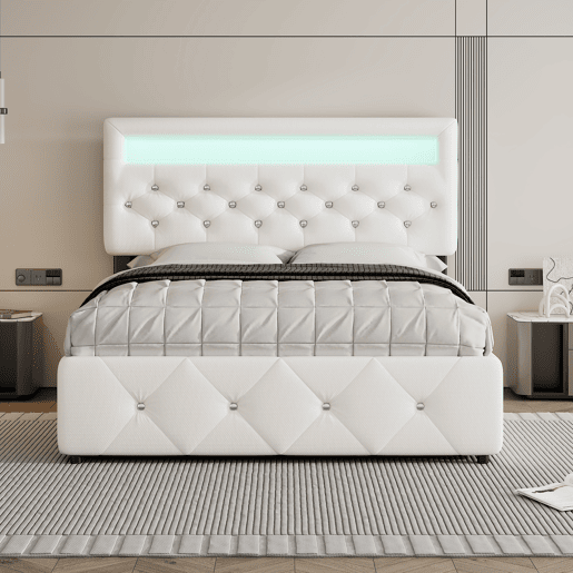 Cama estofada 140x200cm (90x190cm) - Cama de casal, cama com plataforma, com gaveta e 2 gavetas, mesa de cabeceira com luz LED, Branca