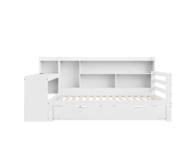 Sofá cama 90*200 cm - con escritorio, estanterías, compartimentos, enchufe y cama extraíble - blanco