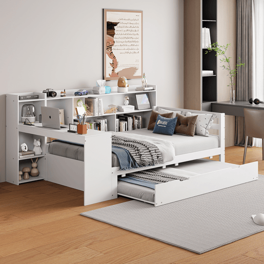 Sofá-cama 90 x 200 cm - Com secretária, prateleiras, compartimentos, tomada e cama extraível - Branco