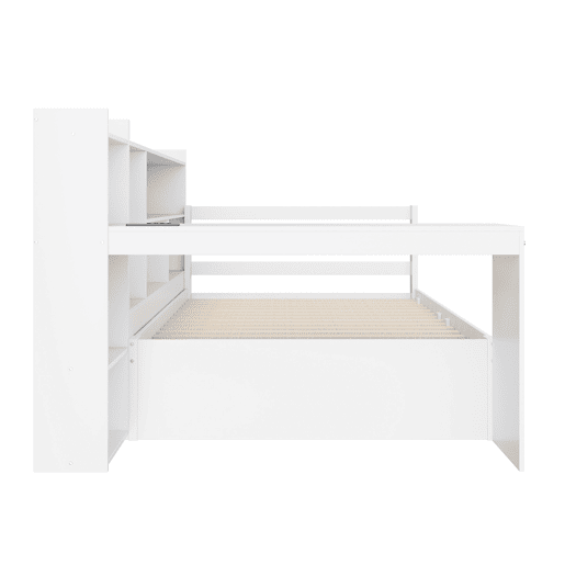 Sofá-cama 90 x 200 cm - Com secretária, prateleiras, compartimentos, tomada e cama extraível - Branco