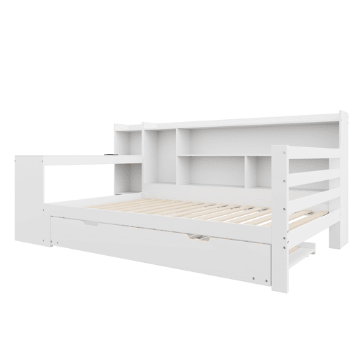 Sofá-cama 90 x 200 cm - Com secretária, prateleiras, compartimentos, tomada e cama extraível - Branco
