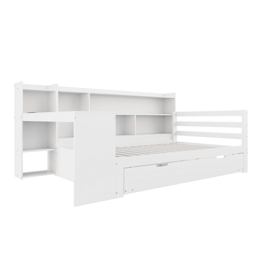 Sofá-cama 90 x 200 cm - Com secretária, prateleiras, compartimentos, tomada e cama extraível - Branco