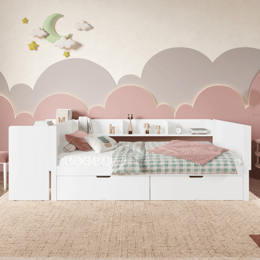 Cama individual 90x200cm - Com secretária, 2 gavetas, prateleiras - Branco