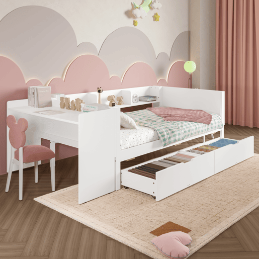 Cama individual 90x200cm - Com secretária, 2 gavetas, prateleiras - Branco