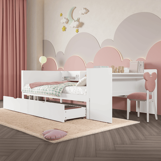 Cama individual 90x200cm - Com secretária, 2 gavetas, prateleiras - Branco