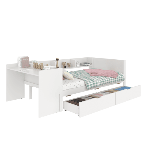 Cama individual 90x200cm - Com secretária, 2 gavetas, prateleiras - Branco