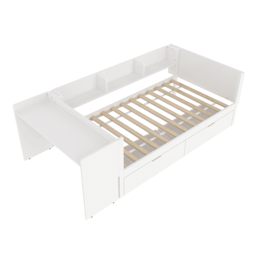 Cama individual 90x200cm - Com secretária, 2 gavetas, prateleiras - Branco