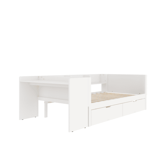 Cama individual 90x200cm - Com secretária, 2 gavetas, prateleiras - Branco