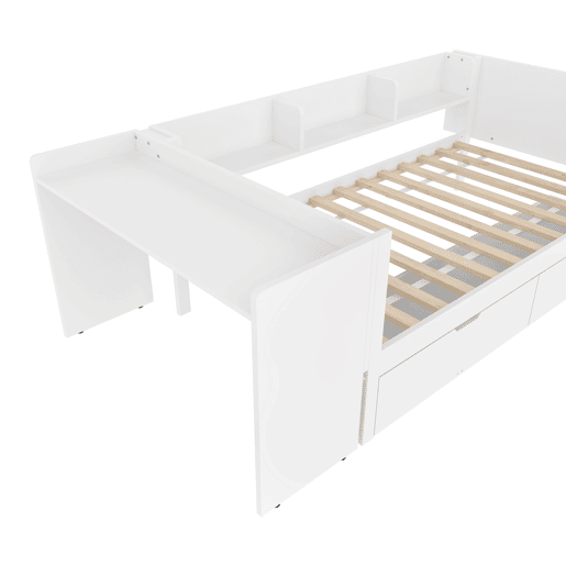 Cama individual 90x200cm - Com secretária, 2 gavetas, prateleiras - Branco