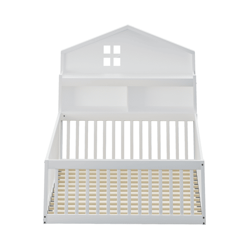Cama infantil 140x200 - Estrutura em madeira maciça, com prateleiras e arrumação, com grade e porta, com ripas de madeira, Branco