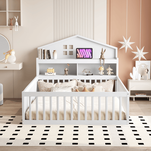 Cama infantil 140x200 - Estrutura em madeira maciça, com prateleiras e arrumação, com grade e porta, com ripas de madeira, Branco
