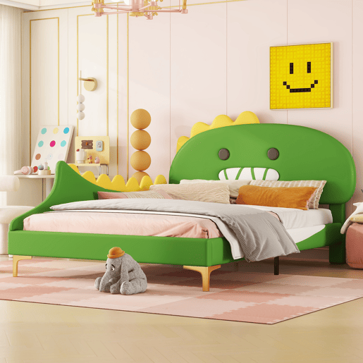 Cama infantil 140x200cm - Forma de dinossauro, cama plana, material PU - Verde