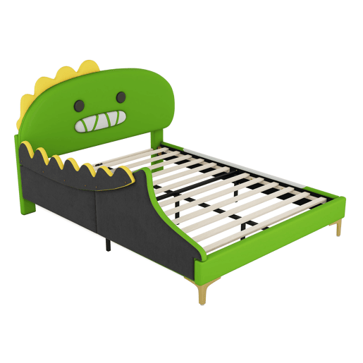 Cama infantil 140x200cm - Forma de dinossauro, cama plana, material PU - Verde