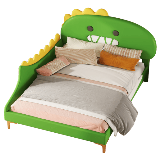 Cama infantil 140x200cm - Forma de dinossauro, cama plana, material PU - Verde