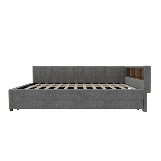 Cama Daybett 140x200cm - Sofá-cama, com compartimento, USB+Tipo C, controlo remoto para luz LED, com cama extraível, com estrado (sem colchão) - Cinza