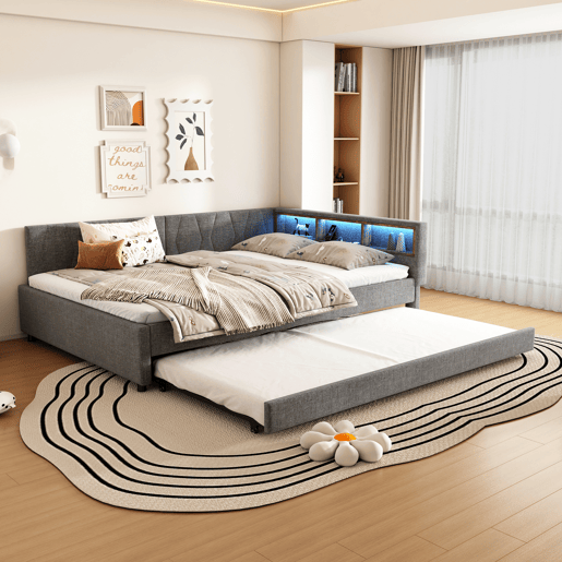 Cama Daybett 140x200cm - Sofá-cama, com compartimento, USB+Tipo C, controlo remoto para luz LED, com cama extraível, com estrado (sem colchão) - Cinza