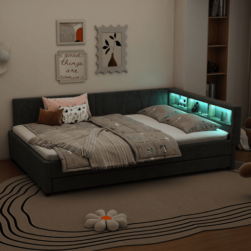 Cama Daybett 140x200cm - Sofá-cama, com compartimento, USB+Tipo C, controlo remoto para luz LED, com cama extraível, com estrado (sem colchão) - Cinza