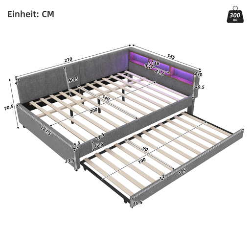 Cama Daybett 140x200cm - Sofá-cama, com compartimento, USB+Tipo C, controlo remoto para luz LED, com cama extraível, com estrado (sem colchão) - Cinza
